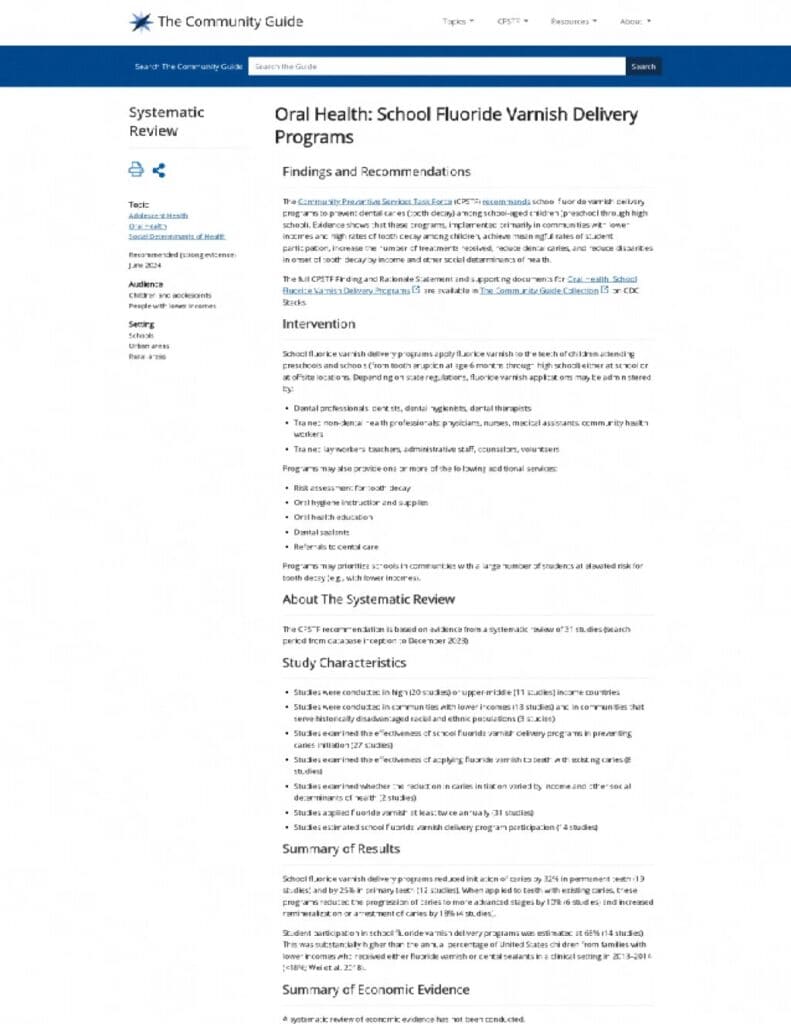 Webpage on fluoride varnish programs for schools